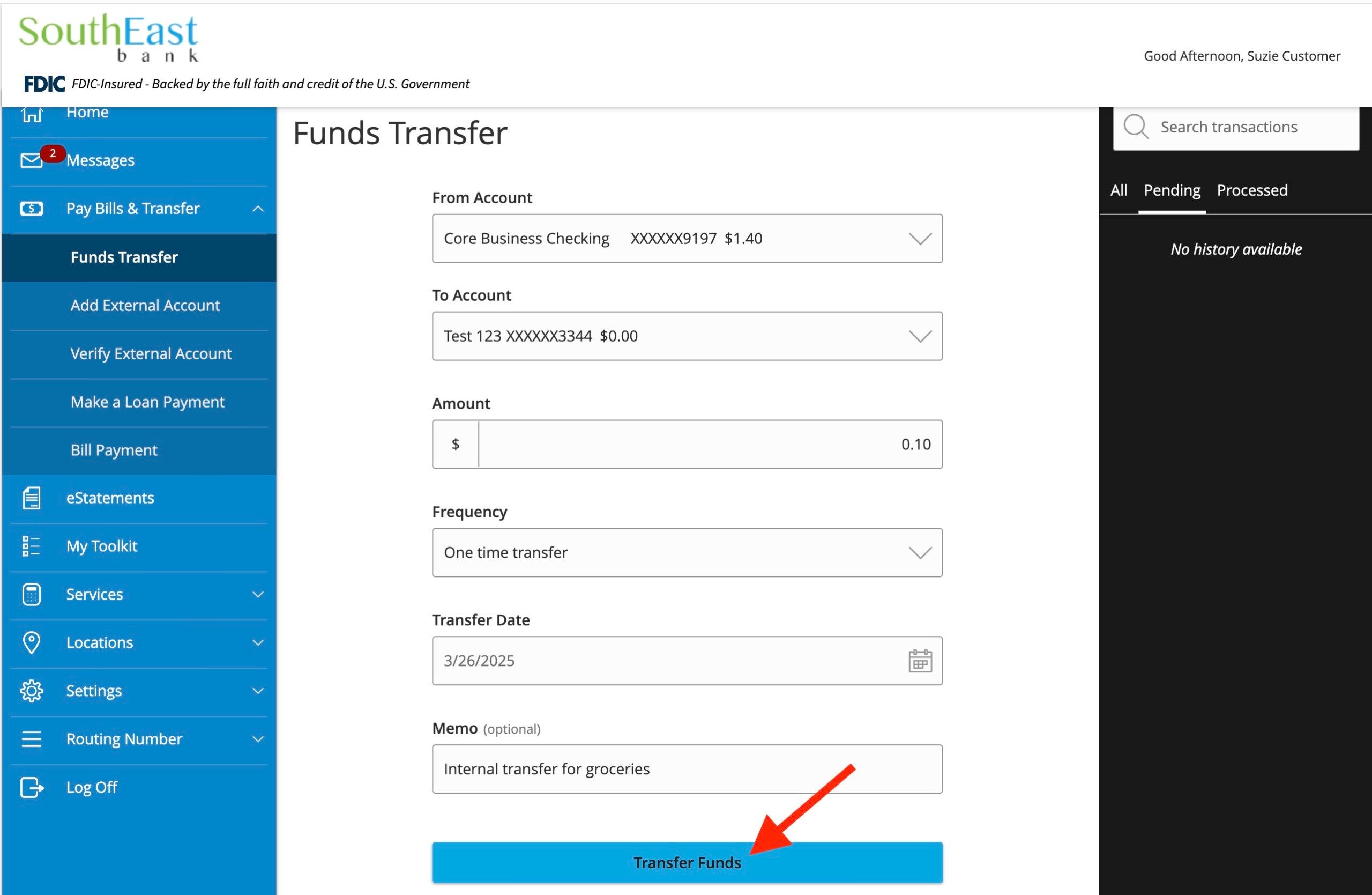 clicking submit for internal transfer southeast bank
